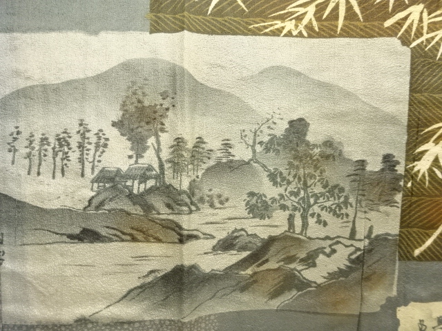  アンティーク　破れ色紙に文字・風景模様男物長襦袢